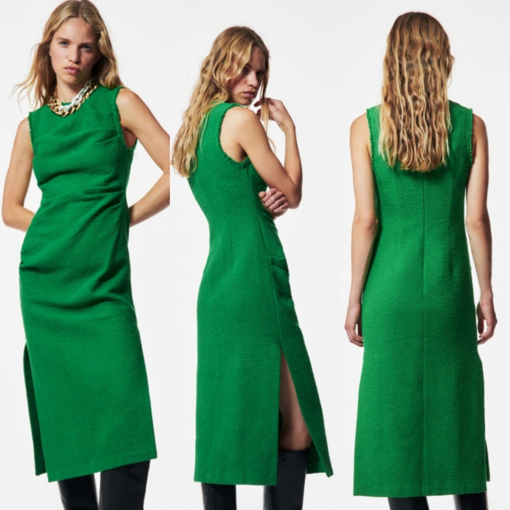 Zara long green textured weave dress